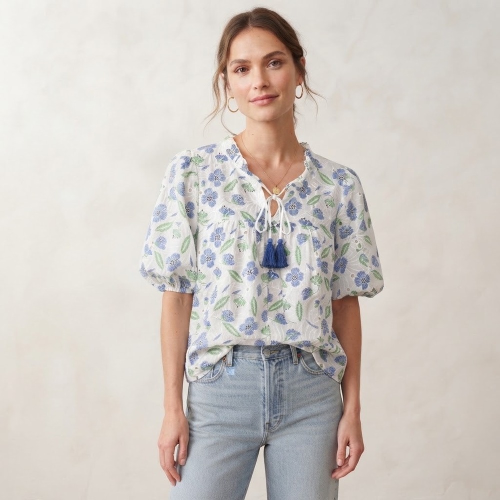 VOY Women's Top Blouse Size L Blue Green Floral Eyelet Puff Sleeve Tassel Tie